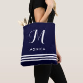 Tote Bag Marine et rayures et monogramme sophistiqués (De près)