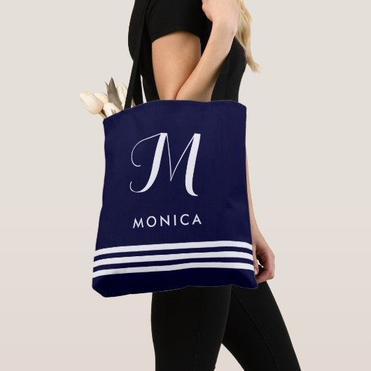 Tote Bag Marine et rayures et monogramme sophistiqués (De près)