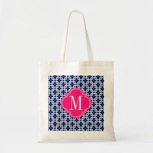 Tote Bag Marine Girly et coutume rose de motif de carrés