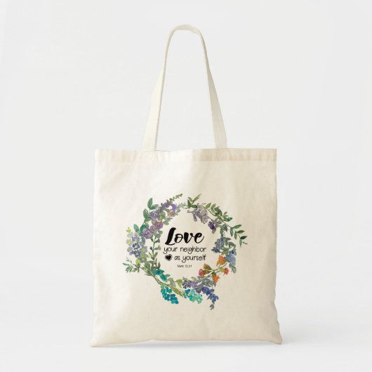 Tote Bag Mark 12:31 Aimez votre voisin comme vous Fleurs (Devant)