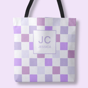 Tote Bag Marque initiale à carreaux Violet Lavande Moderne