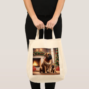 Tote Bag Mastiff Dogue de Noël Cheminée