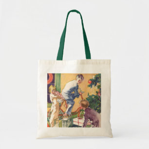 Tote Bag Matin de Noël Vintage, Enfants avec Présents