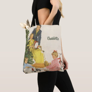 Tote Bag Matin de Noël vintage, famille ouvrant des cadeaux