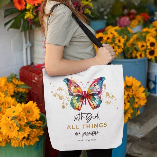 Tote Bag Matthieu 19:26 Tout est possible papillon