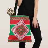 Tote Bag Médaillon d'art populaire letton rouge et vert géo (De près)