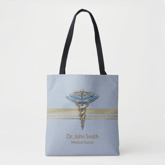 Tote Bag Médicale bleu clair Caduceus Faux Gold Foil (Devant)