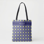 Tote Bag Méditerranée Bleu Bleu Floral Carrelage Nom du Mot (Devant)
