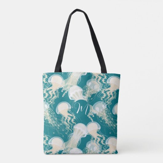Tote Bag Méduse En Bleu Océan Été Saison Monogramme (Dos)