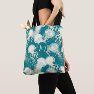 Tote Bag Méduse En Bleu Océan Été Saison Monogramme