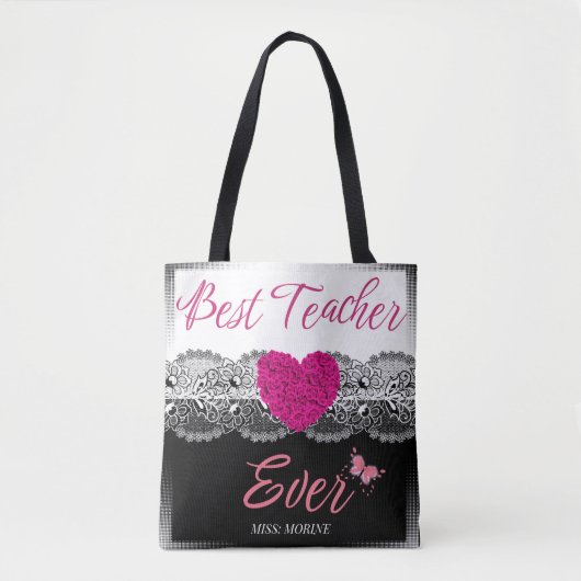 Tote Bag Meilleur enseignant jamais noir et blanc avec coeu (Devant)