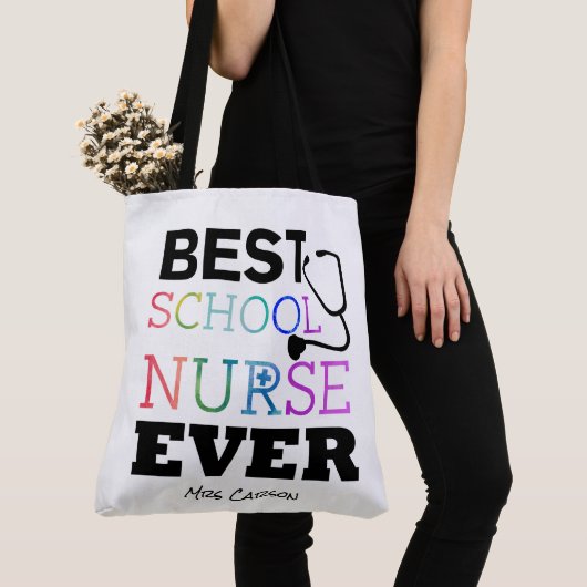 Tote Bag Meilleure infirmière colorée personnalisée d'école (De près)