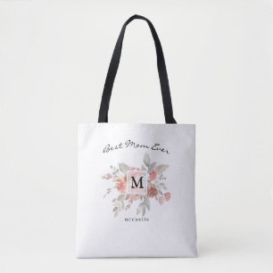 Tote Bag Meilleure Maman Élégant Rose Pâle Floral Monogramm