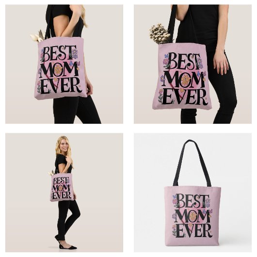 Tote Bag Meilleure Maman Fleurs Et Coeur Rose