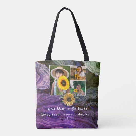 Tote Bag Meilleure mère 3 Photo Collage Boho Marbre pourpre (Dos)