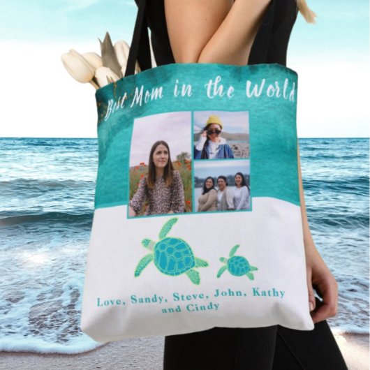 Tote Bag Meilleure Mère 3 Photo Turquoise Turquoise Tortues