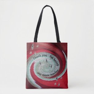 Tote Bag Merci Music Enseignant Red Swirls Notes musicales
