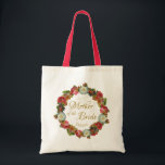 Tote Bag Mère de la mariée Vintage Floral Mariage de la cou<br><div class="desc">Ce beau sac fourre-tout est spécialement conçu pour la mère de la mariée. Il présente des lettres en or dentelé entourées d'une couronne de fleurs aux riches couleurs d'automne profondes, y compris le rouge, le corail, le rose, la prune et l'orange. Il y a un espace pour entrer son nom...</div>