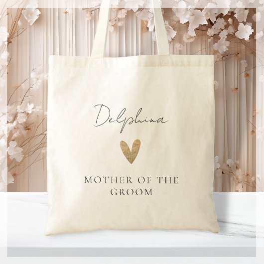 Tote Bag Mère du Groom Gold Heart Script moderne