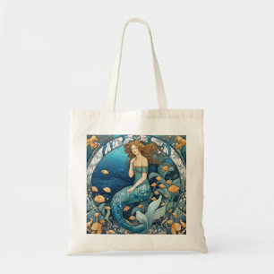 Tote Bag Mermaid Art Nouveau Aqua Bleu Turquoise Art Déco