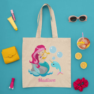 Tote Bag Mermaid Girl Cute Beach Narwhal Monogram Kids
