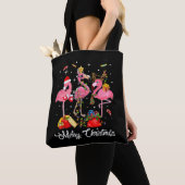 Tote Bag Merry Christmas Three Flamingo With Santa Hat (De près)