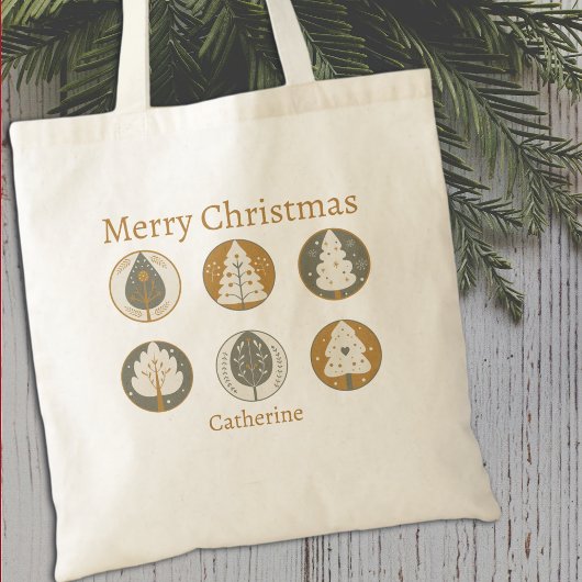 Tote Bag Merry Christmas Trees Elegant 