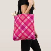 Tote Bag Mi-siècle moderne Plaid, Fuchsia rose et vin (De près)