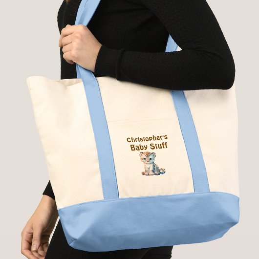 Tote Bag Mignon bébé léopard truc nom bleu marron