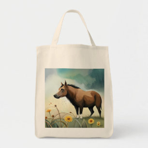 Tote Bag Mignon poney brun dans le champ fleuri