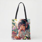 Tote Bag Mignonne Anime Girl Mange des fraises | Jour d'été (Devant)