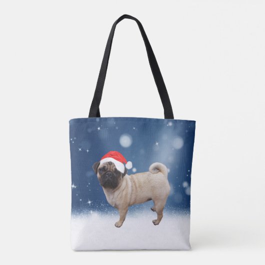 Tote Bag Mignonne chien Carlin Noël Père Noël Chapeau Neige (Dos)