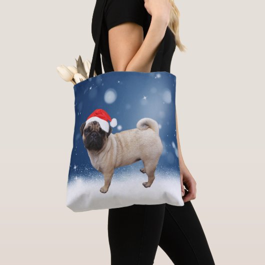 Tote Bag Mignonne chien Carlin Noël Père Noël Chapeau Neige (De près)
