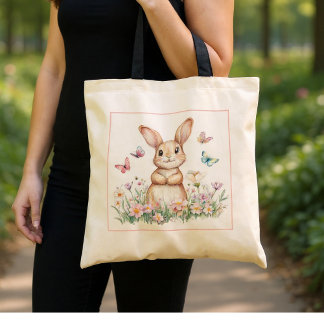 Tote Bag Mignonne lapin avec papillons et fleurs de printem
