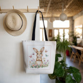 Tote Bag Mignonne lapin avec papillons et fleurs de printem