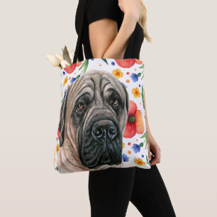 Tote Bag Mignonne Mastiff Anglais Avec Motif Fleur Rouge