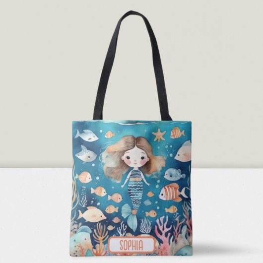 Tote Bag Mignonne petite sirène sous la mer avec du poisson