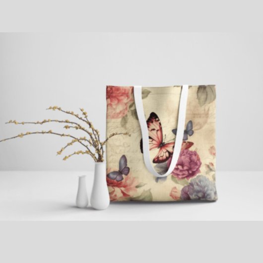 Tote Bag Mignonne romantique arrière - plan Fleurs Papillon