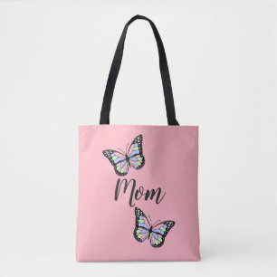 Tote Bag Mignonne rose et noir texte maman et papillons