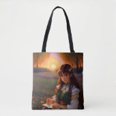 Tote Bag Mignonne Sad Anime Style Femme dans le pré au couc (Devant)