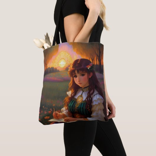 Tote Bag Mignonne Sad Anime Style Femme dans le pré au couc (De près)