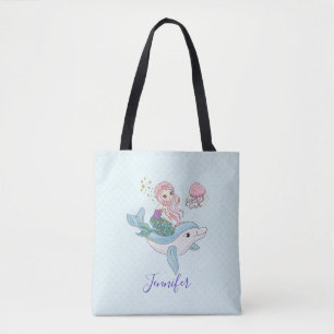 Tote Bag Mignonne sirène chevauchant un dauphin sous la mer
