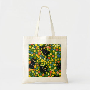 Tote Bag Mignons Chats Noirs Motif Floral de Prairie