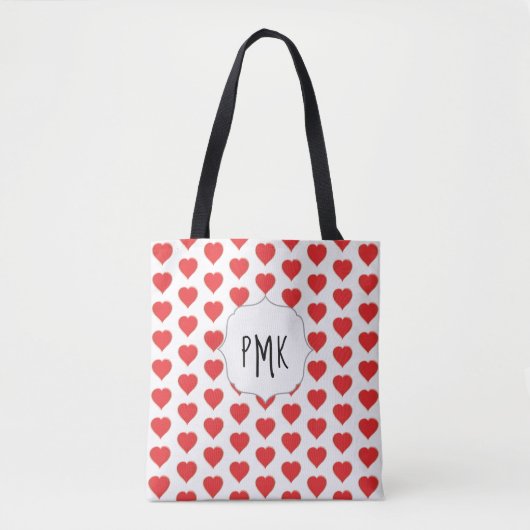 Tote Bag Mignons Coeurs rouges Monogramme Personnalisé (Devant)