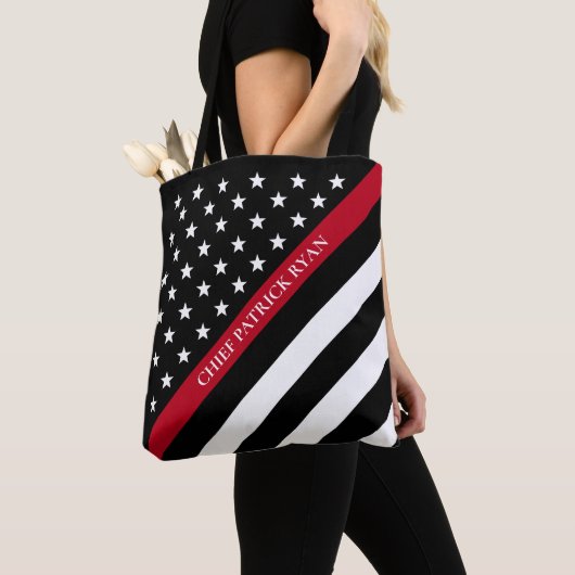 Tote Bag Mince Red Line Firefighter American Flag Monogramm (De près)