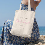Tote Bag Mini Script Bachelorette fête nuptiale<br><div class="desc">Ce Sac fourre-tout personnalisé Bachelorette propose une typographie manuscrite rose qui peut être changée en n'importe quelle couleur. Vous pouvez facilement personnaliser le nom de la future mariée, la date, le nom de la demaid en utilisant le modèle fourni. L'accessoire parfait pour une fête de bachelorette ou un week-end de...</div>