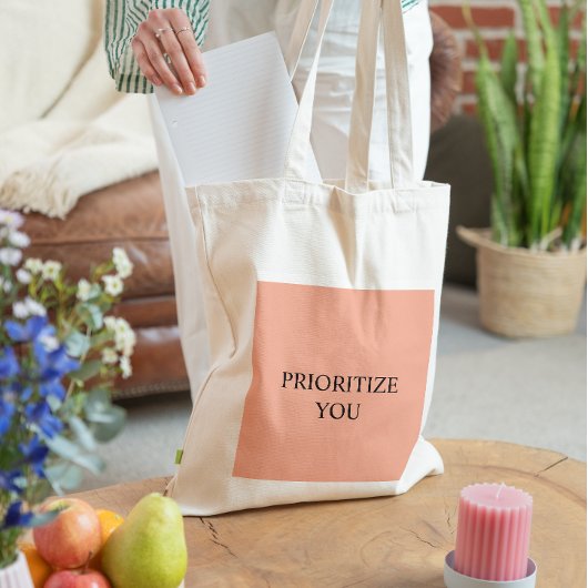 Tote Bag Minimal Prioritize You Quote Warm Blush Peach
