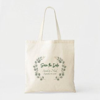 Tote Bag Minimalist Eucalyptus Wreath Save the Date custom