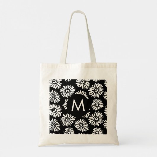 Tote Bag Minimalist Groovy Black and White Daisy Monogram (Dos)