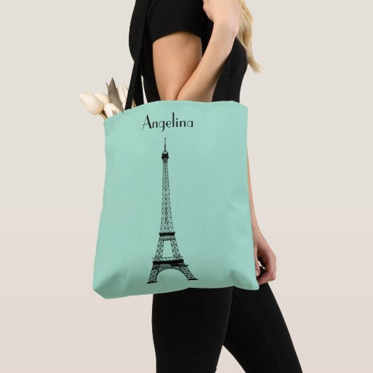 Tote Bag Mint Green Black Paris Tour Eiffel avec nom (De près)